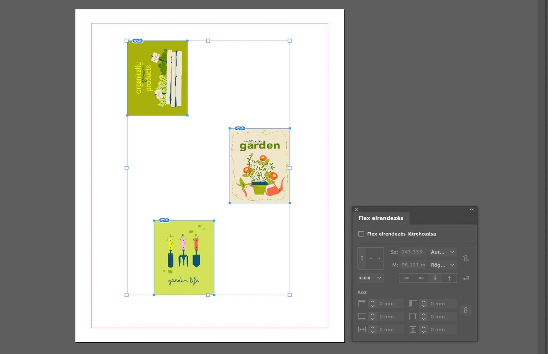 Három kép van elhelyezve a vásznon, amelyek nincsenek megfelelően igazítva.A Flex elrendezés panel különböző beállításokkal szintén meg van nyitva.