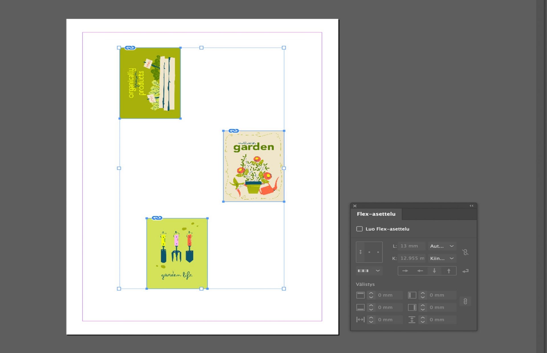 Kolme epätäydellisesti kohdistettua kuvaa on sijoitettu piirtoalueelle. Avattu Flex-asettelupaneeli, jossa näkyy erilaisia asetuksia.