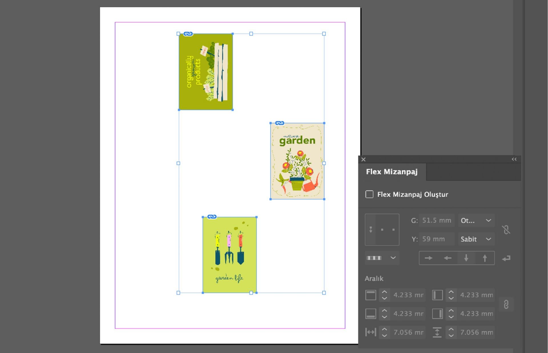 Mükemmel şekilde hizalanmamış üç görüntü tuval üzerine yerleştirilmiş. Çeşitli seçenekleri gösteren Flex Mizanpaj paneli de açık.