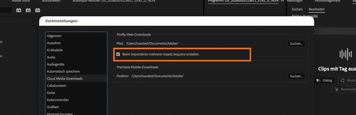 Voreinstellungen für Cloud Media-Downloads in Premiere mit aktiviertem Kontrollkästchen „Beim Importieren mehrerer Assets Sequenz erstellen“.