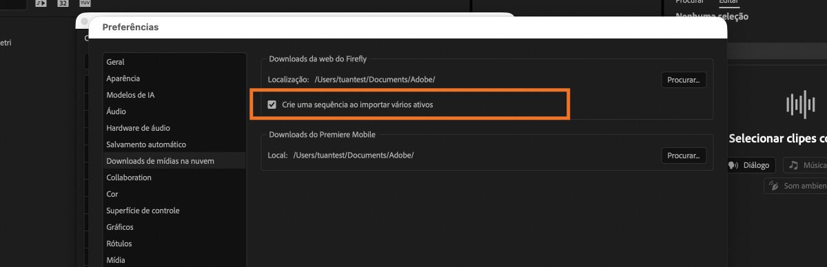 Preferências de downloads de mídia na nuvem no Premiere com a caixa de seleção Criar uma sequência ao importar vários ativos habilitada.