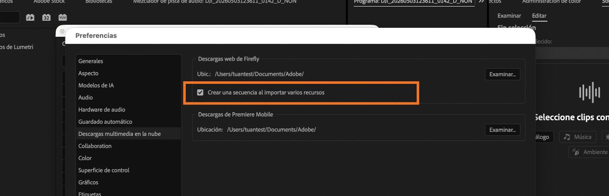 Preferencias de Descargas de medios en la nube en Premiere con la casilla de verificación Crear una secuencia al importar varios recursos habilitada.