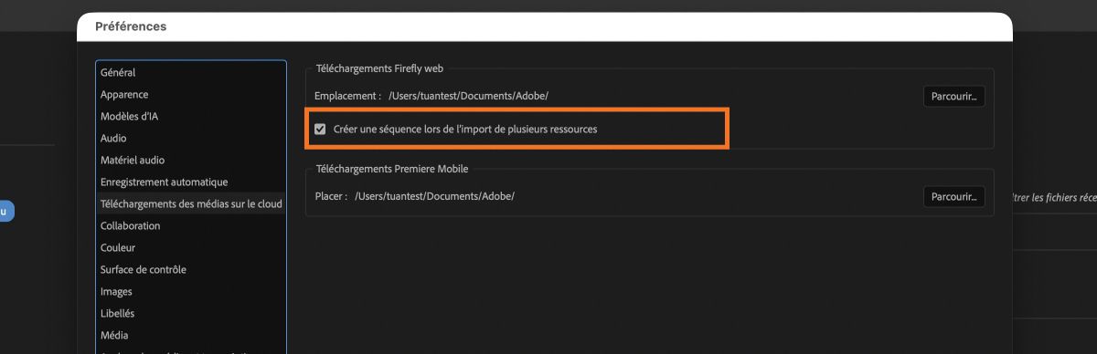 Préférences des téléchargements des médias sur le cloud dans Premiere lorsque la case Créer une séquence lors de l’import de plusieurs ressources est activée.