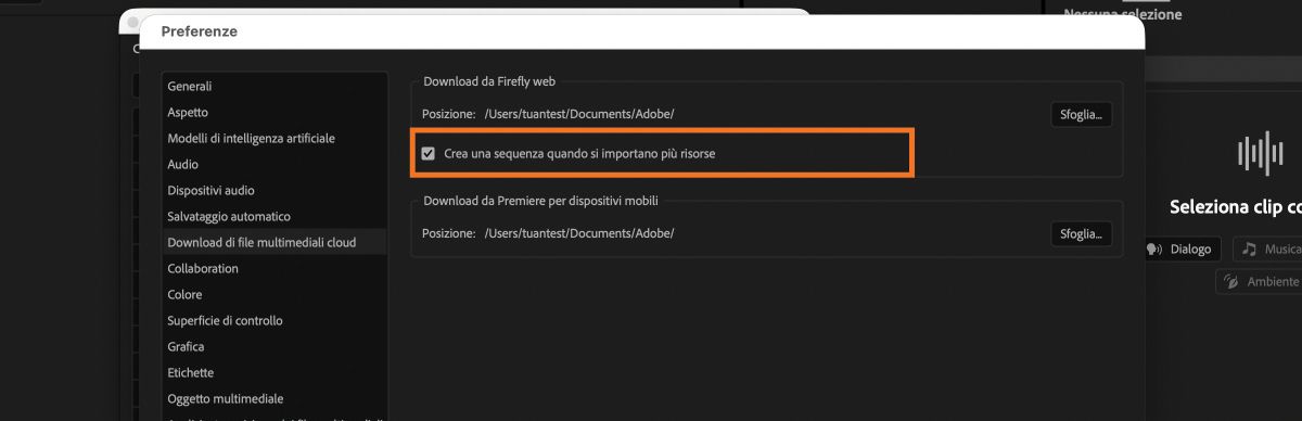 Preferenze Download dei file multimediali cloud in Premiere con la casella di controllo Crea una sequenza durante l’importazione di più risorse abilitata.