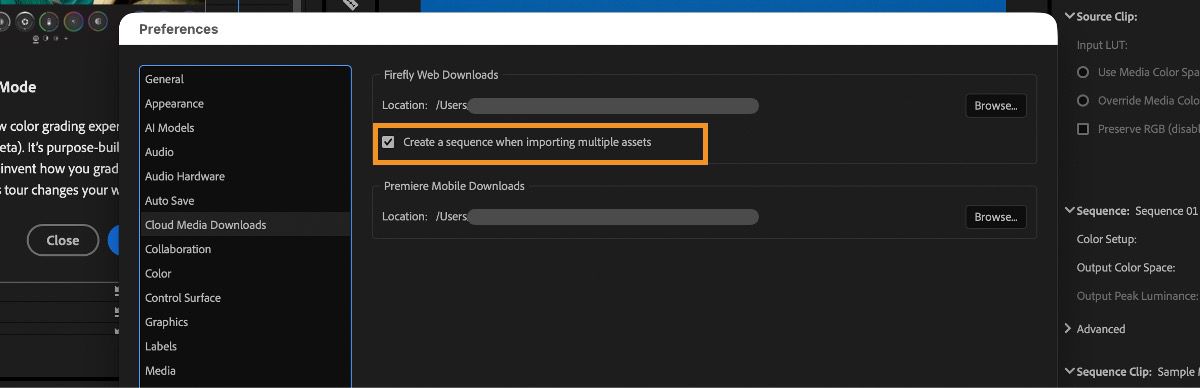 Cloud Media Downloads preferences in Premiere with the Create a sequence when importing multiple assets checkbox enabled.