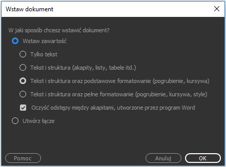 Przeciąganie dokumentu programu Word lub Excel do programu Dreamweaver