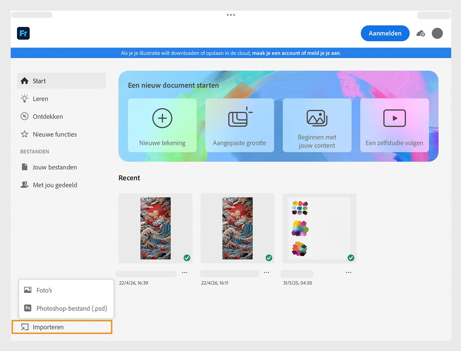 Startscherm met opties om een nieuw document te starten en miniaturen van recente bestanden in Fresco.