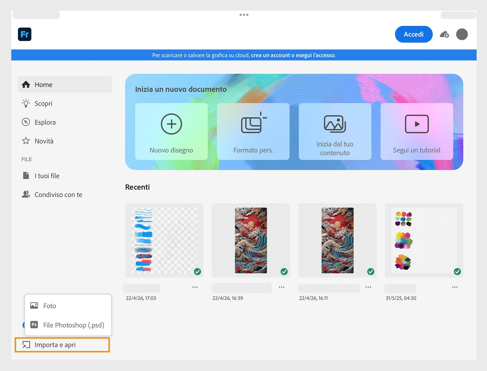 Schermata della pagina Home che mostra le opzioni per iniziare un nuovo documento e le miniature dei file recenti in Fresco.