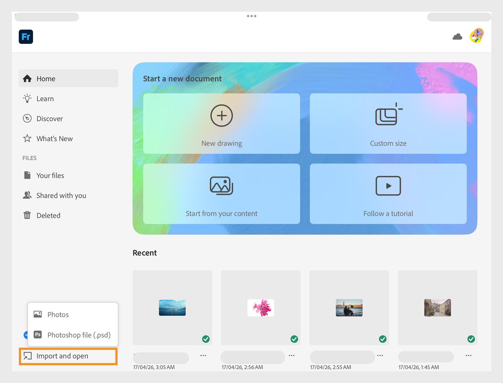 Home screen showing options to start a new document and recent files thumbnails in Fresco.