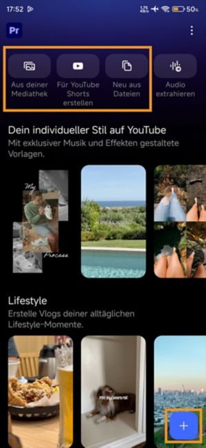 Startseite mit drei Startoptionen: Fotos und Videos aus deiner Fotobibliothek importieren, neue aus Dateien auswählen oder ein leeres Projekt öffnen.