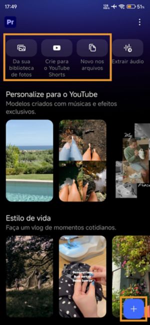 Tela inicial exibindo três opções iniciais: importar fotos e vídeos da sua biblioteca de fotos, selecionar novos arquivos ou abrir um projeto em branco.