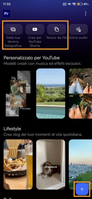 Home screen che mostra tre opzioni di avvio: importa foto e video dalla libreria foto, scegline di nuovi da file o apri un Progetto vuoto.