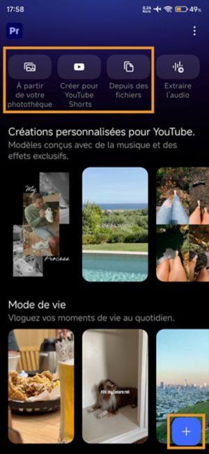Écran d'accueil présentant trois options de démarrage : importer des photos et vidéos depuis votre bibliothèque de photos, en choisir de nouvelles dans les fichiers ou ouvrir un projet vide.