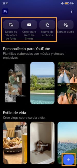 Pantalla de inicio que muestra tres opciones de inicio: importar fotos y vídeos desde tu biblioteca de fotos, elegir nuevos desde archivos o abrir un proyecto en blanco.