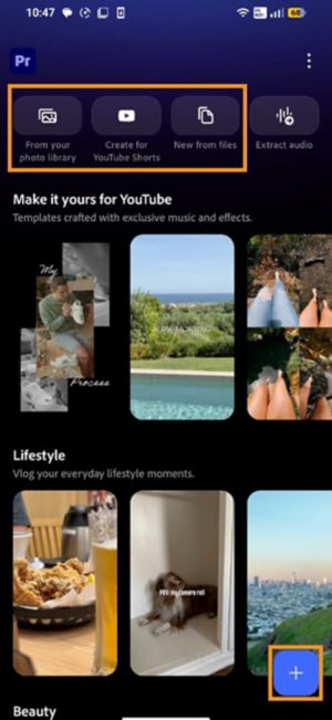 Home screen showing three start options: import photos and videos from your photo library, choose new ones from files, or open a blank project.