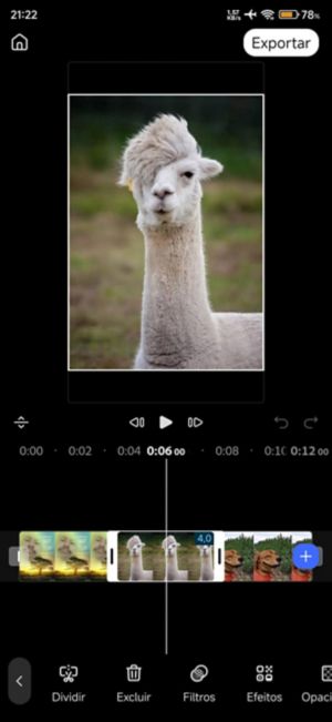 Linha do tempo do Premiere Rush mobile com um clipe de vídeo importado selecionado, mostrando as opções Dividir, Excluir, Filtros e Efeitos.
