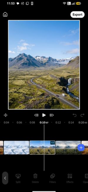 Premiere Rush mobile timeline with an imported video clip selected, showing Split, Delete, Filters, and Effects options.