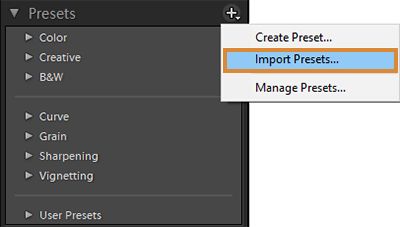 Presets panel - Import Presets and Profiles as a zip file