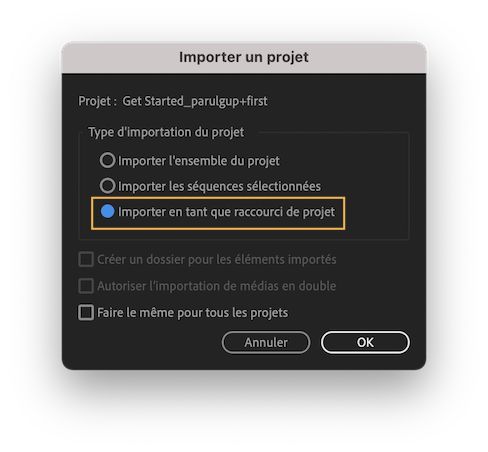 Importation d’un projet sous forme de raccourci de projet