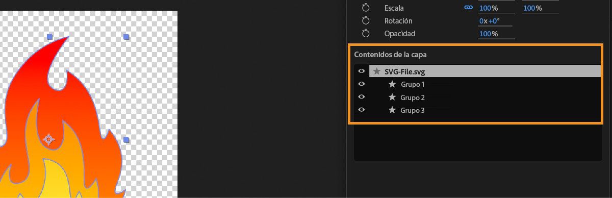 El panel Propiedades está abierto y en Contenido de capa, se enumera el contenido del SVG.