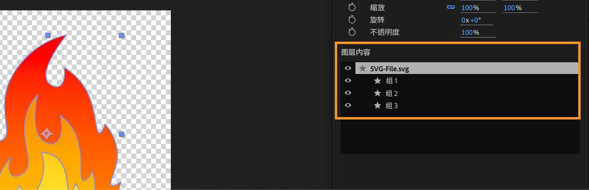属性面板已展开，图层内容下方列出了 SVG 文件内容。
