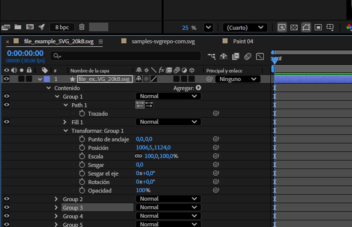 Se selecciona la Capa con el archivo SVG y la sección Contenidos se expande para mostrar sus propiedades, incluyendo Ruta, Relleno y Transformación.