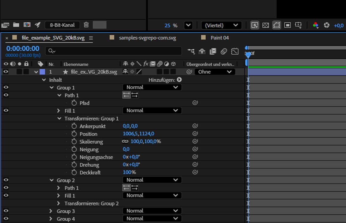 Die Ebene mit der SVG-Datei ist ausgewählt und der Abschnitt „Inhalt“ ist erweitert, um die zugehörigen Eigenschaften wie „Pfad“, „Füllung“ und „Transformieren“ anzuzeigen.