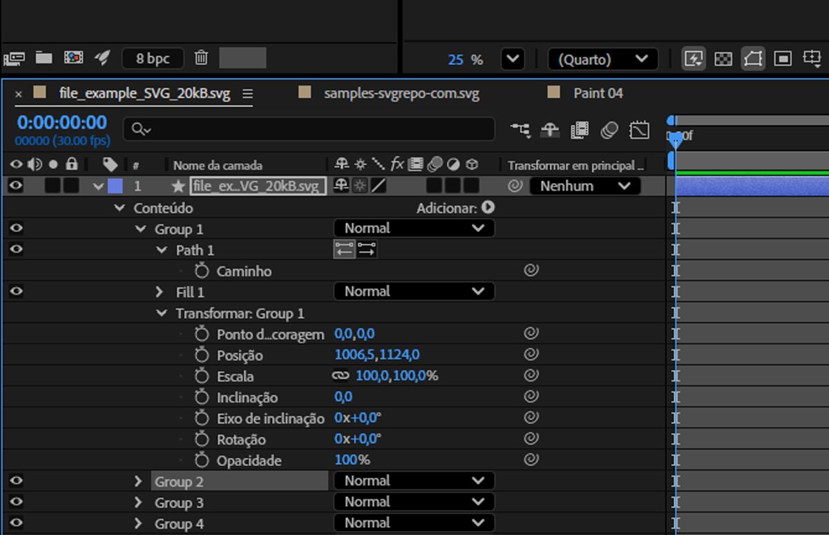 A camada com o arquivo SVG está selecionada, com a seção “Conteúdo” expandida para exibir suas propriedades, incluindo “Caminho”, “Preenchimento” e “Transformação”.