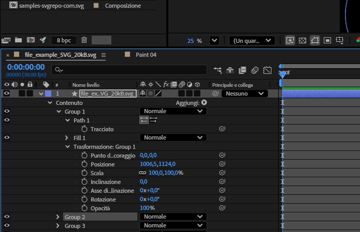 Il livello con il file SVG è selezionato e la sezione Contenuti è espansa per mostrare le relative proprietà, inclusi Percorso, Riempimento e Trasformazione.
