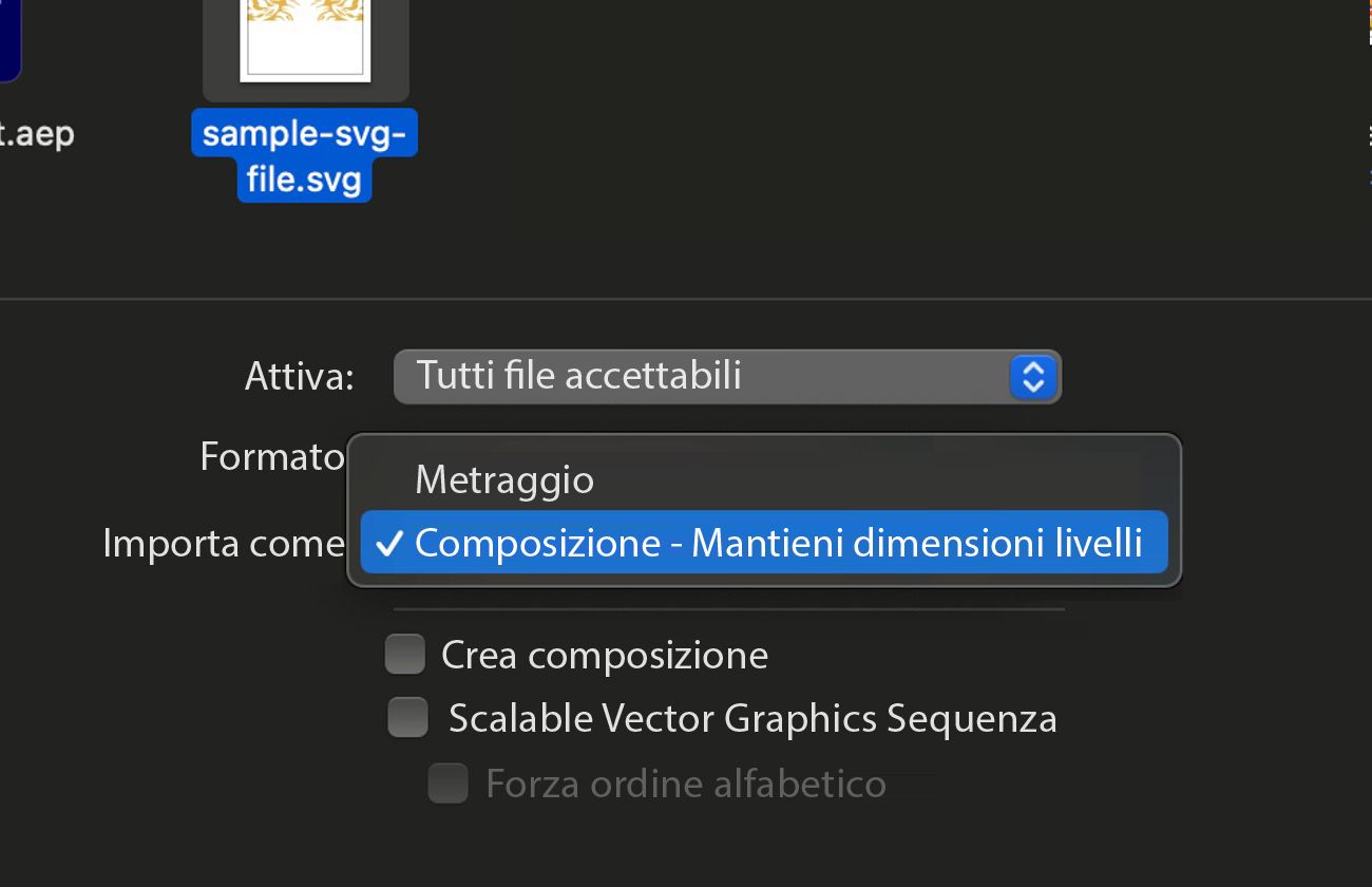 La finestra di dialogo Importa file è aperta e sono presenti opzioni per importare il file come metraggio o come composizione.