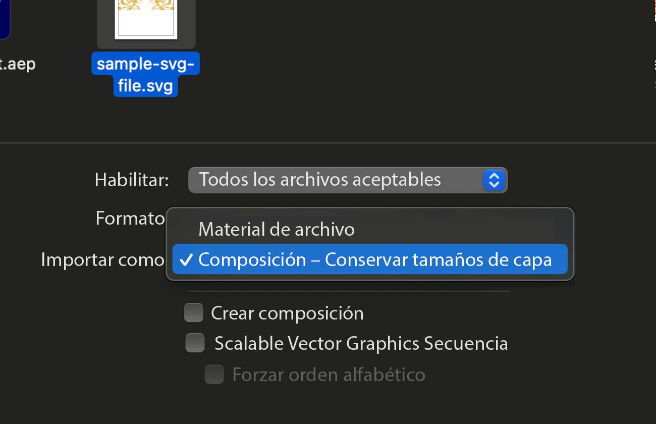 El cuadro de diálogo Importar archivo está abierto y hay options para importar el archivo como material de archivo o como composición.