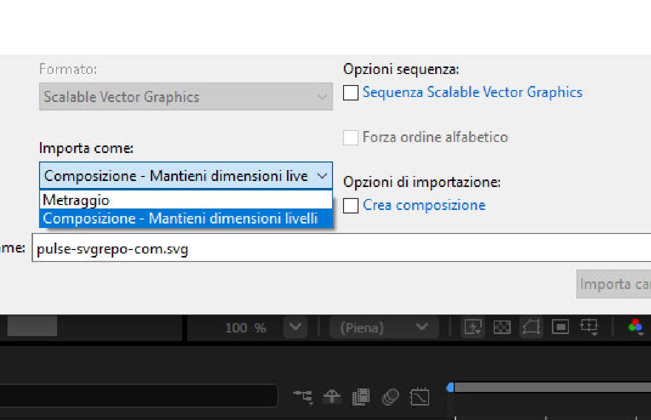 La finestra di dialogo Importa file è aperta e sono presenti opzioni per importare il file come metraggio o come composizione.