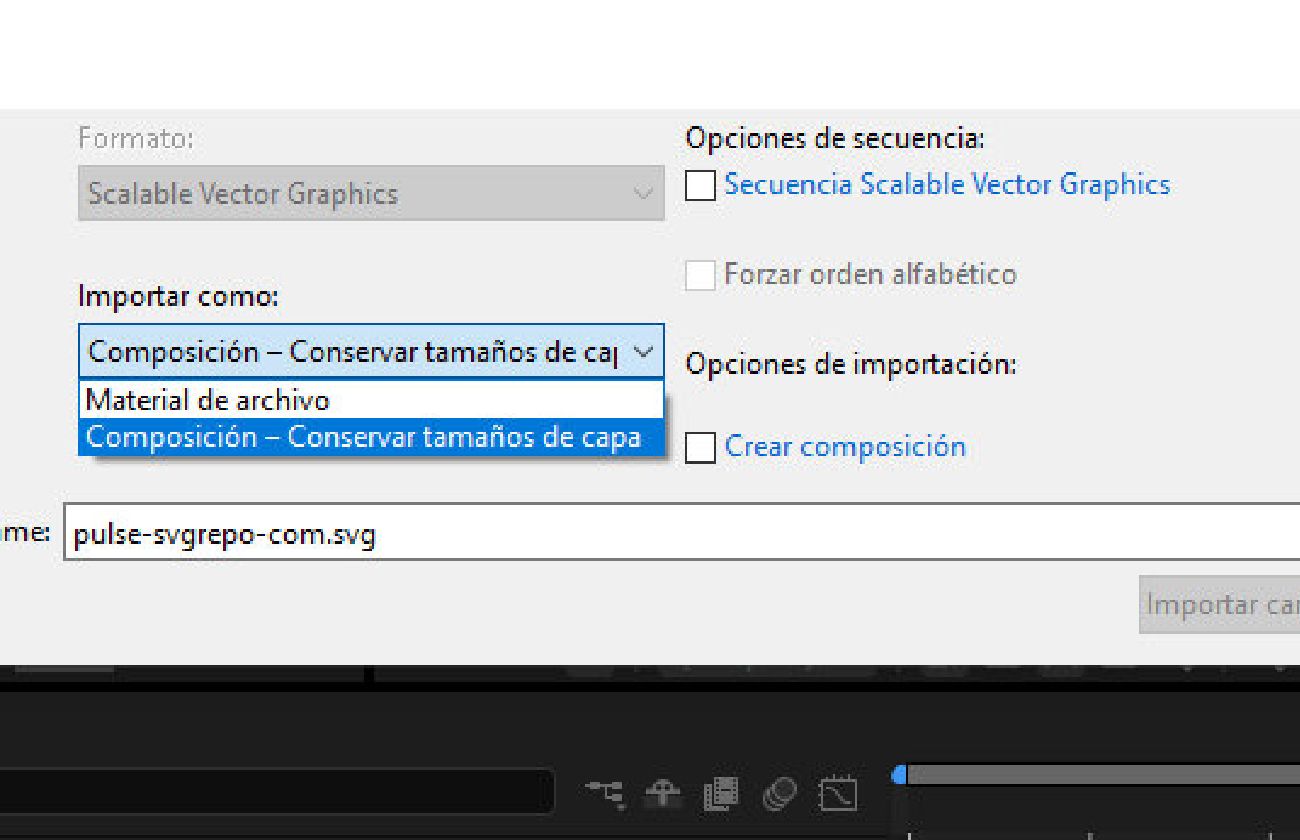 El cuadro de diálogo Importar archivo está abierto y hay options para importar el archivo como material de archivo o como composición.