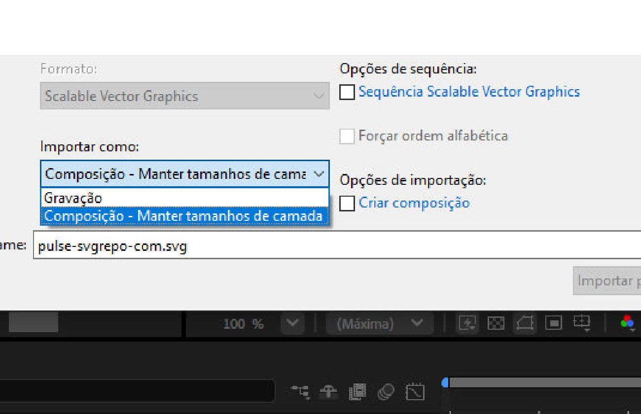A caixa de diálogo Importar arquivo está aberta e há opções para importar o arquivo como gravação ou composição.