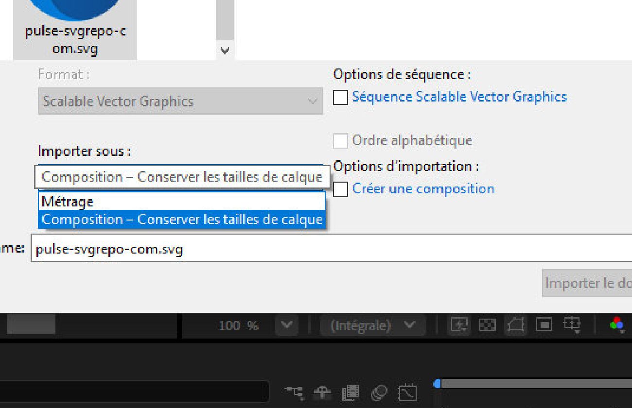 La boîte de dialogue Importer un fichier est ouverte et il y a des options pour importer le fichier en tant que métrage ou composition.