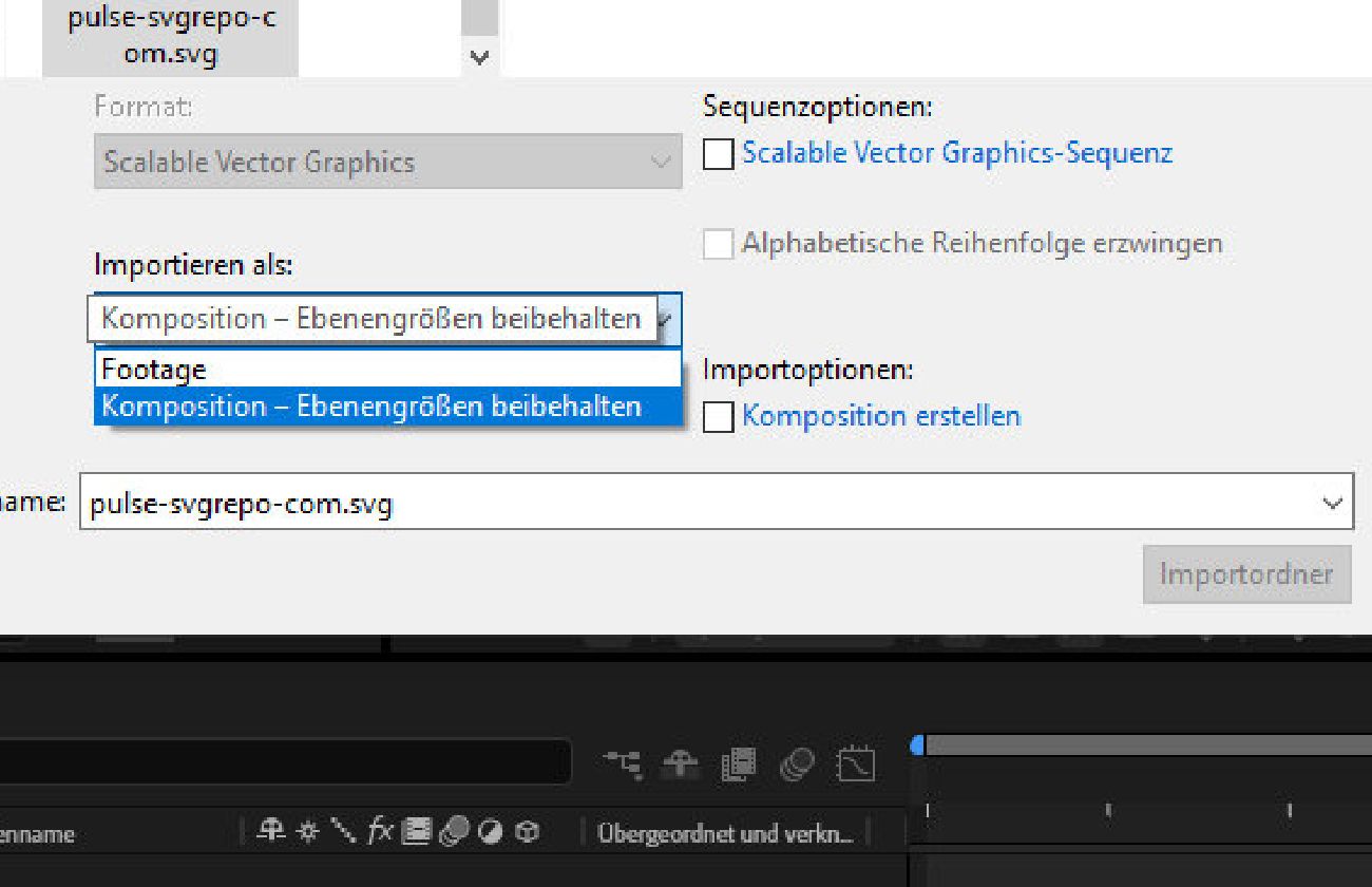 Das Import-Dialogfeld ist geöffnet und es gibt Optionen, die Datei als Filmmaterial oder als Komposition zu importieren.