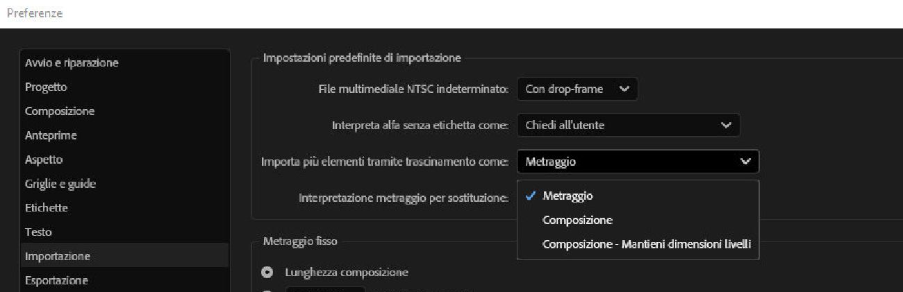 La finestra di dialogo Preferenze è aperta. Nella scheda Importazione, il menu a discesa Trascina elementi file multipli come è aperto e offre opzioni per selezionare il metodo di importazione.