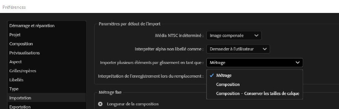 La boîte de dialogue Préférences est ouverte. Dans l’onglet Importer, le menu déroulant Faire glisser plusieurs éléments de fichier en tant que est ouvert, offrant différentes options pour sélectionner la méthode d’import.