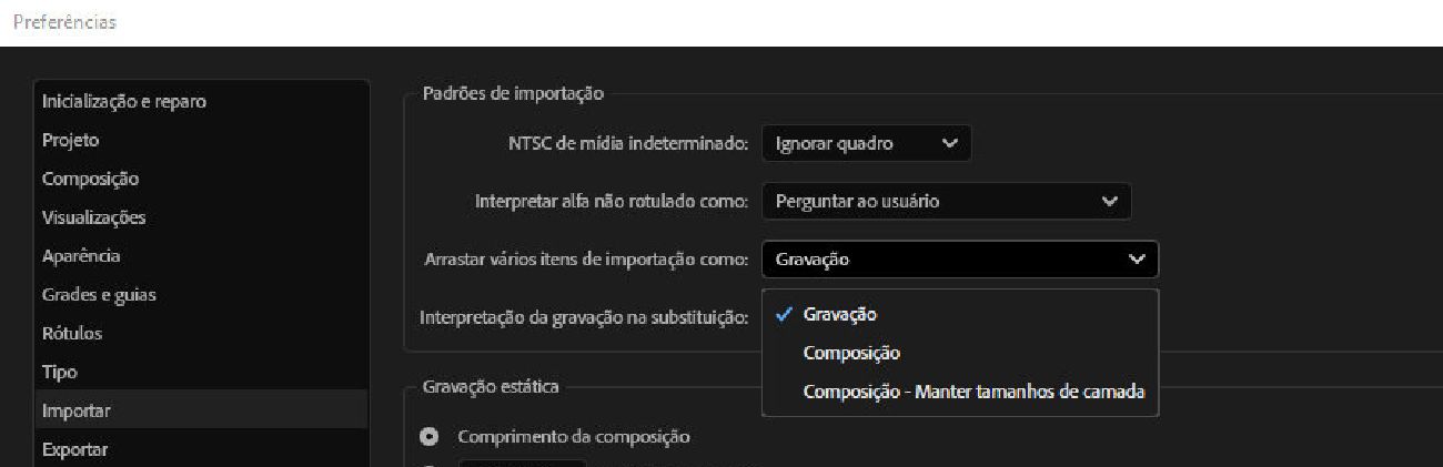 A caixa de diálogo “Preferências” aberta. Na guia Importar, o menu suspenso Arrastar vários itens de arquivo como está aberto, oferecendo opções para selecionar o método de importação.