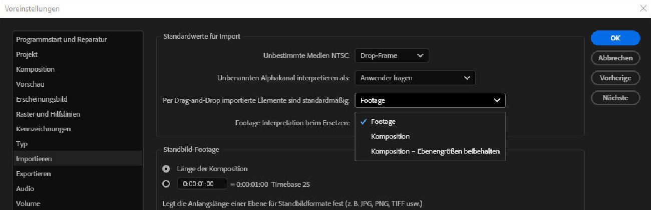 Das Dialogfeld „Voreinstellungen“ ist geöffnet. Auf der Registerkarte „Import“ ist das Dropdown-Menü „Mehrere Dateielemente ziehen als“ geöffnet und bietet Optionen zur Auswahl der Importmethode.