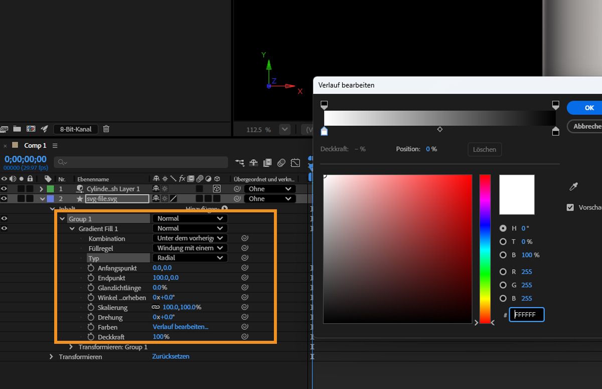 Eine der Ebenen mit einem Verlaufselement ist ausgewählt und Verlaufsfüllung „1“ ist hervorgehoben.