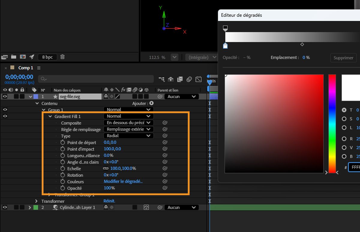 Un des calques avec un élément en dégradé est sélectionné, et Fond en dégradé 1 est mis en surbrillance.