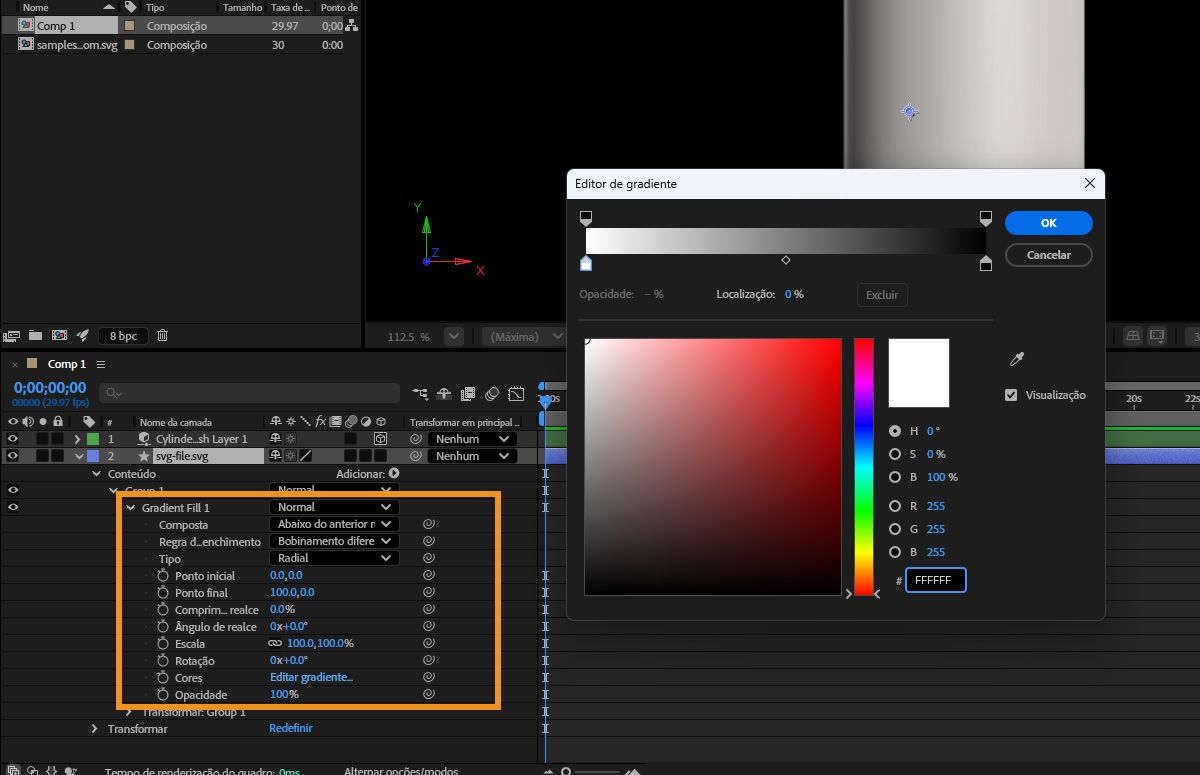 Uma das camadas com um elemento gradiente está selecionada, e Preenchimento com Gradiente 1 está destacado.