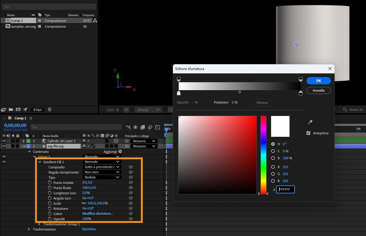 È selezionato uno dei livelli con un elemento sfumato e Riempimento sfumato 1 è evidenziato.