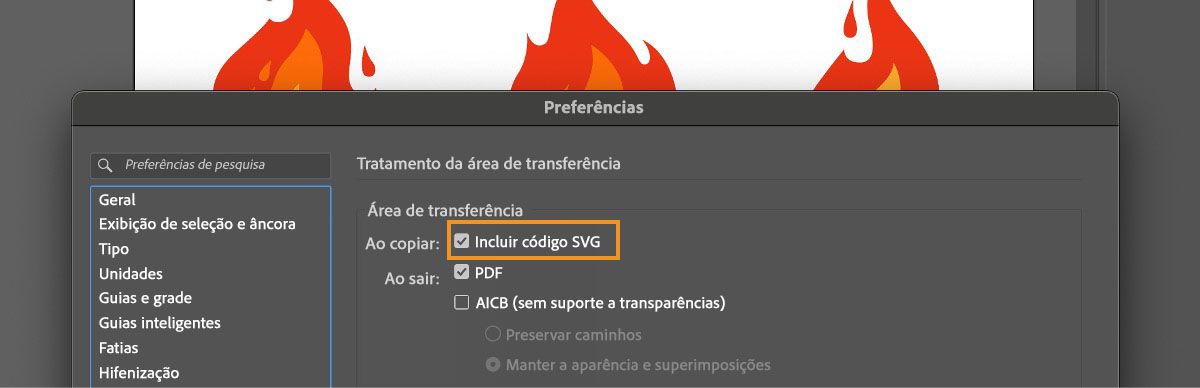 A caixa de diálogo Preferências está aberta no Illustrator e a opção Incluir código SVG está selecionada.
