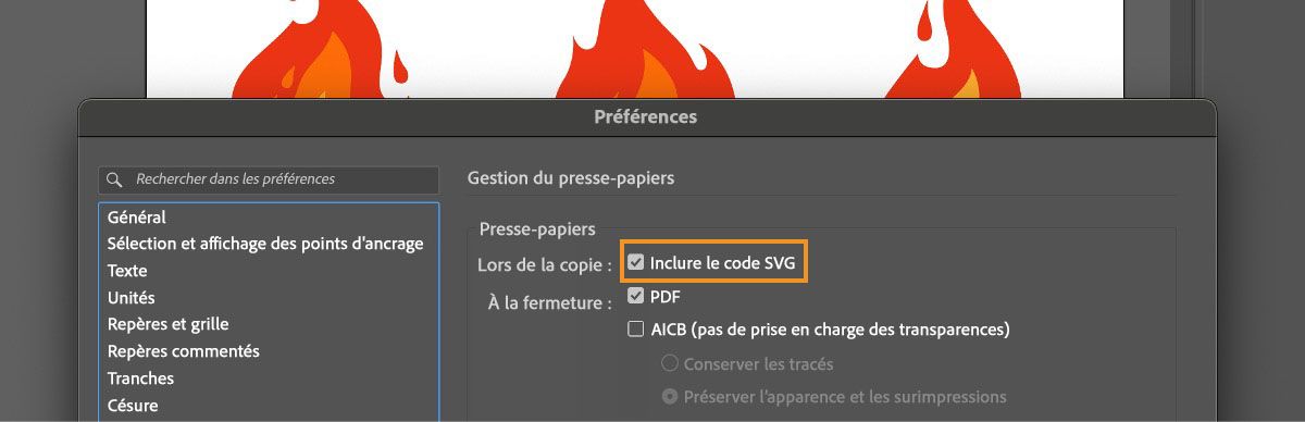 La boîte de dialogue Préférences est ouverte dans Illustrator et l'option Inclure le code SVG est sélectionnée.