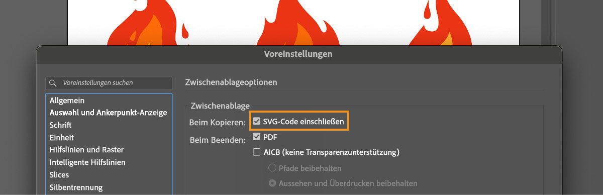 Das Dialogfeld „Voreinstellungen“ ist in Illustrator geöffnet und die Option „SVG-Code einschließen“ ist ausgewählt.