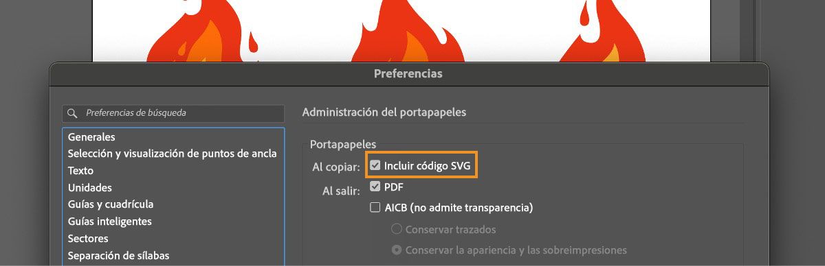 El cuadro de diálogo Preferencias está abierto en Illustrator y la opción Incluir código SVG está seleccionada.