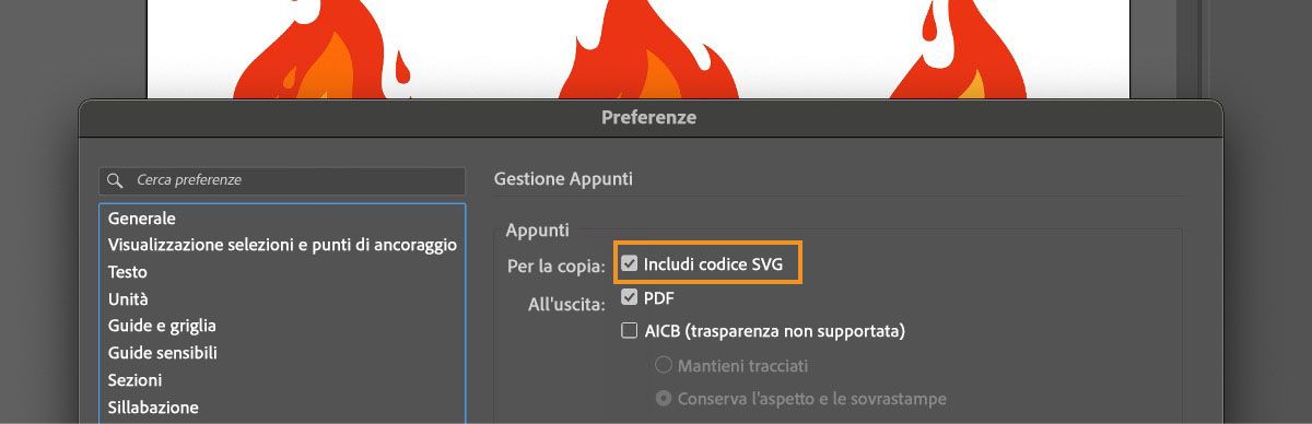 La finestra di dialogo Preferenze è aperta in Illustrator e l'opzione Includi codice SVG è selezionata.