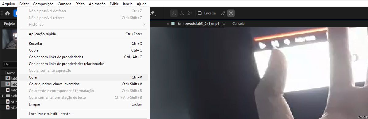 A opção Editar > Colar selecionada, com o conteúdo importado como camadas de forma nativas e editáveis, prontas para animar.